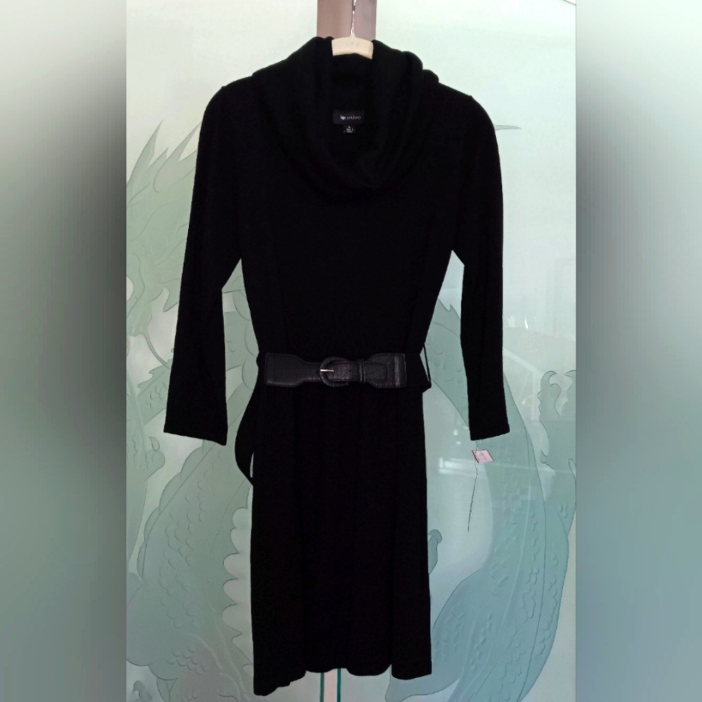 AB Studios Black Cowl Neck Midi Dress w Belt